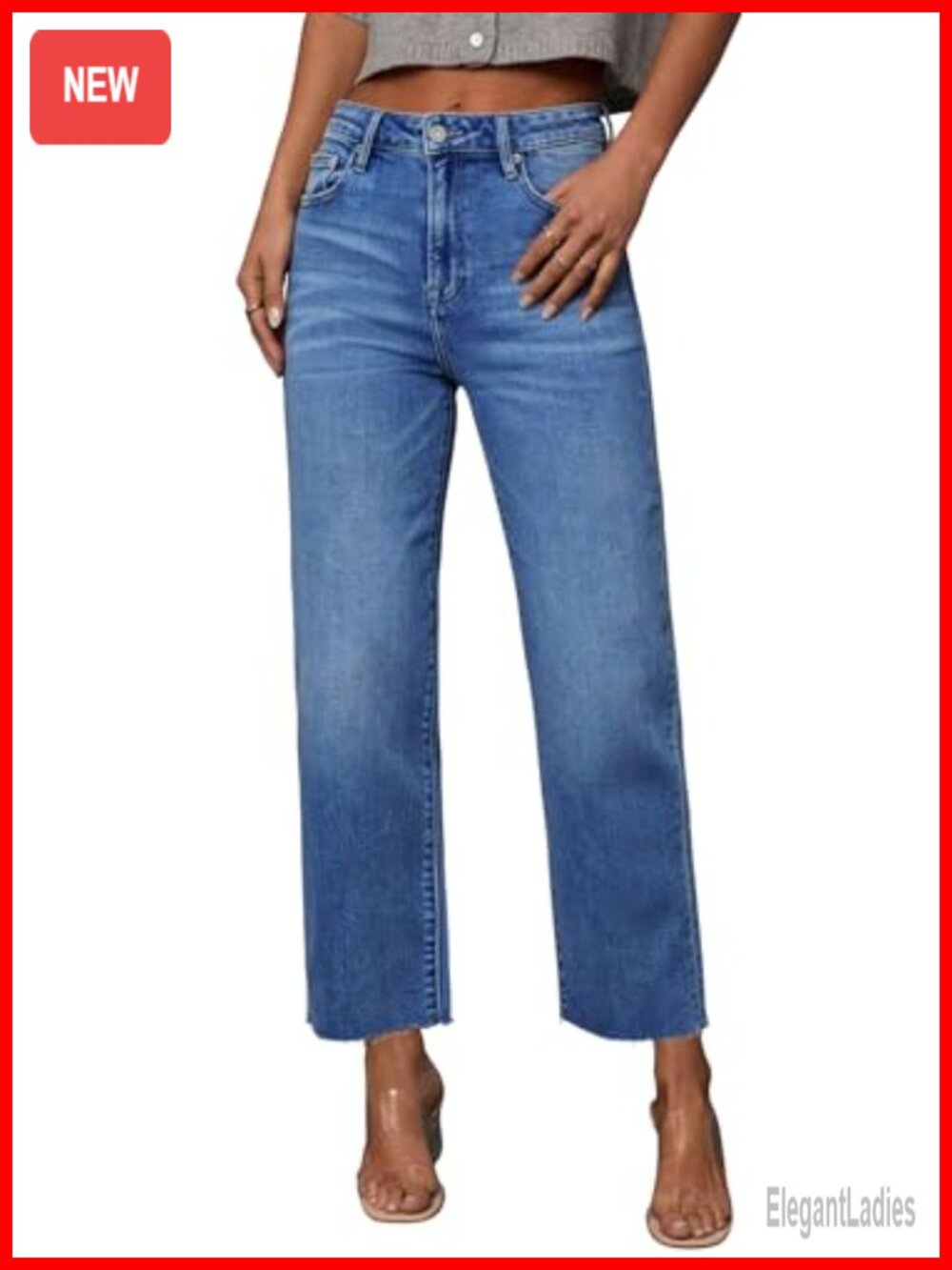 High Waisted Straight Leg Jeans Stretch Raw Hem Cropped Denim Pants
